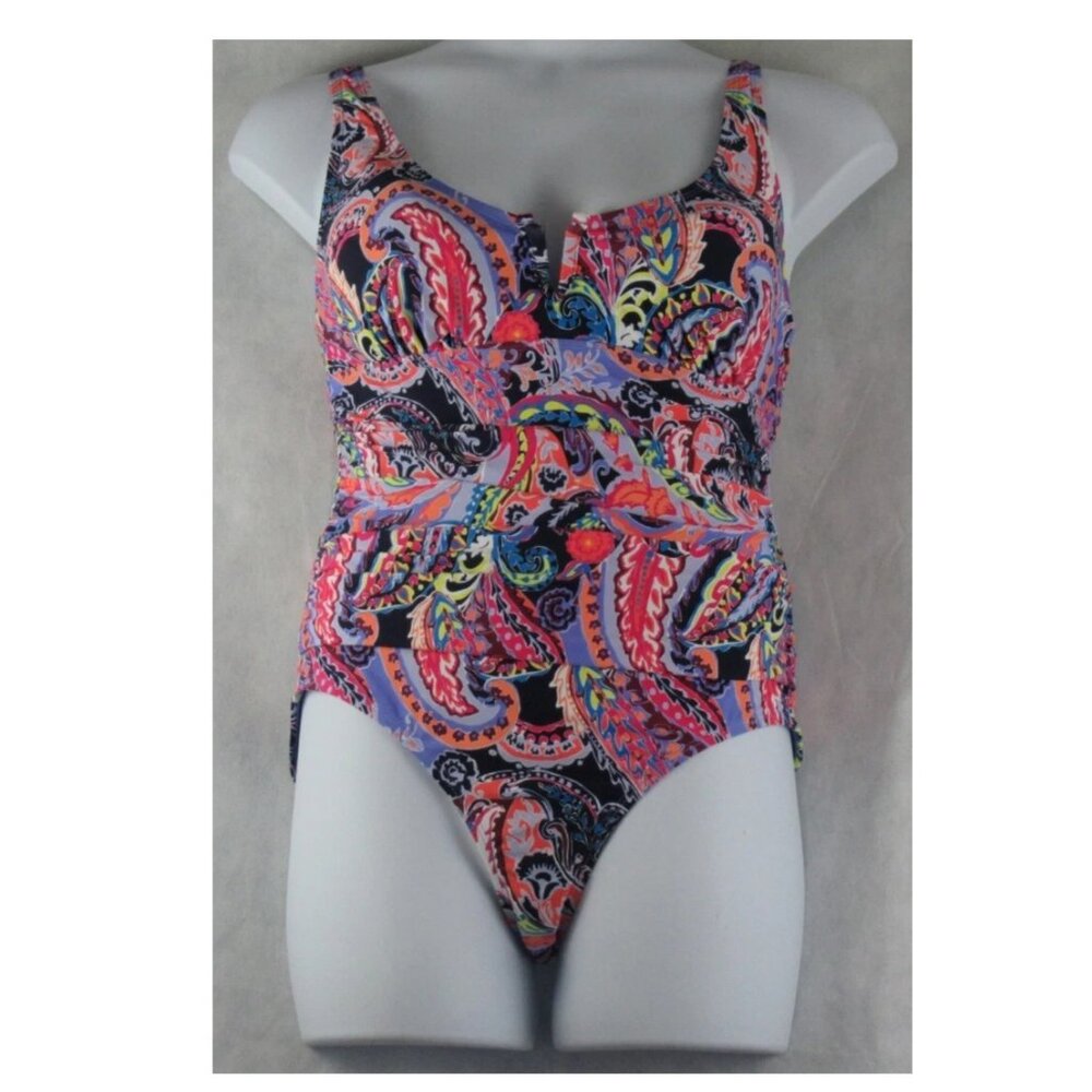 Anne Cole Women's Plus Size Notched Scoop Neck One-Piece Swimsuit, Multi, 16W